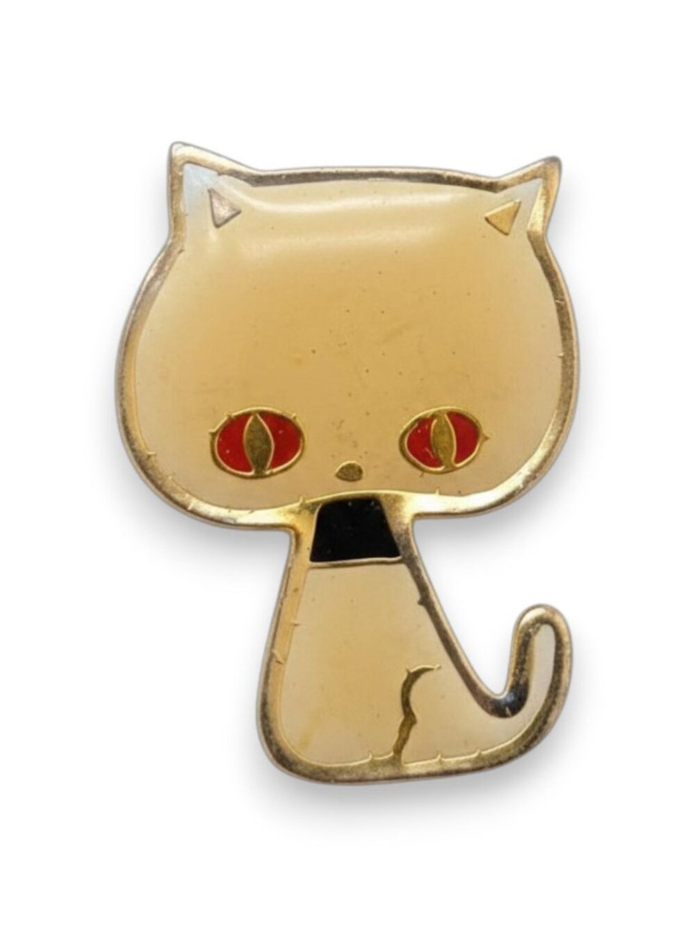 Vintage Whimsical Enamel Cream Gold Tone Cat Mini Brooch 1 Inch